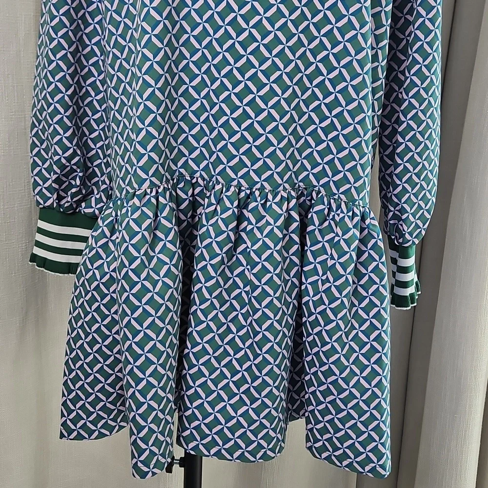 Addison Bay Long Sleeve Vine Dress: Geo Trelis- Green/Pink/Teal - Picture 3 of 15